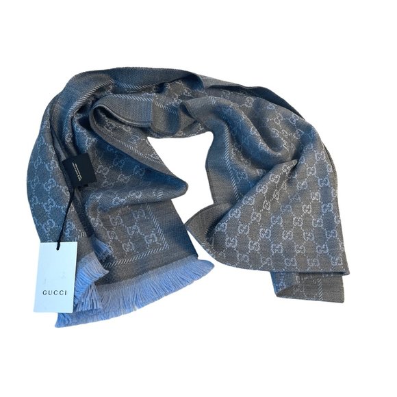 Gucci 411115 Gray and Blue 100% Wool GG Monogram Stencil Scarf - Picture 3 of 15